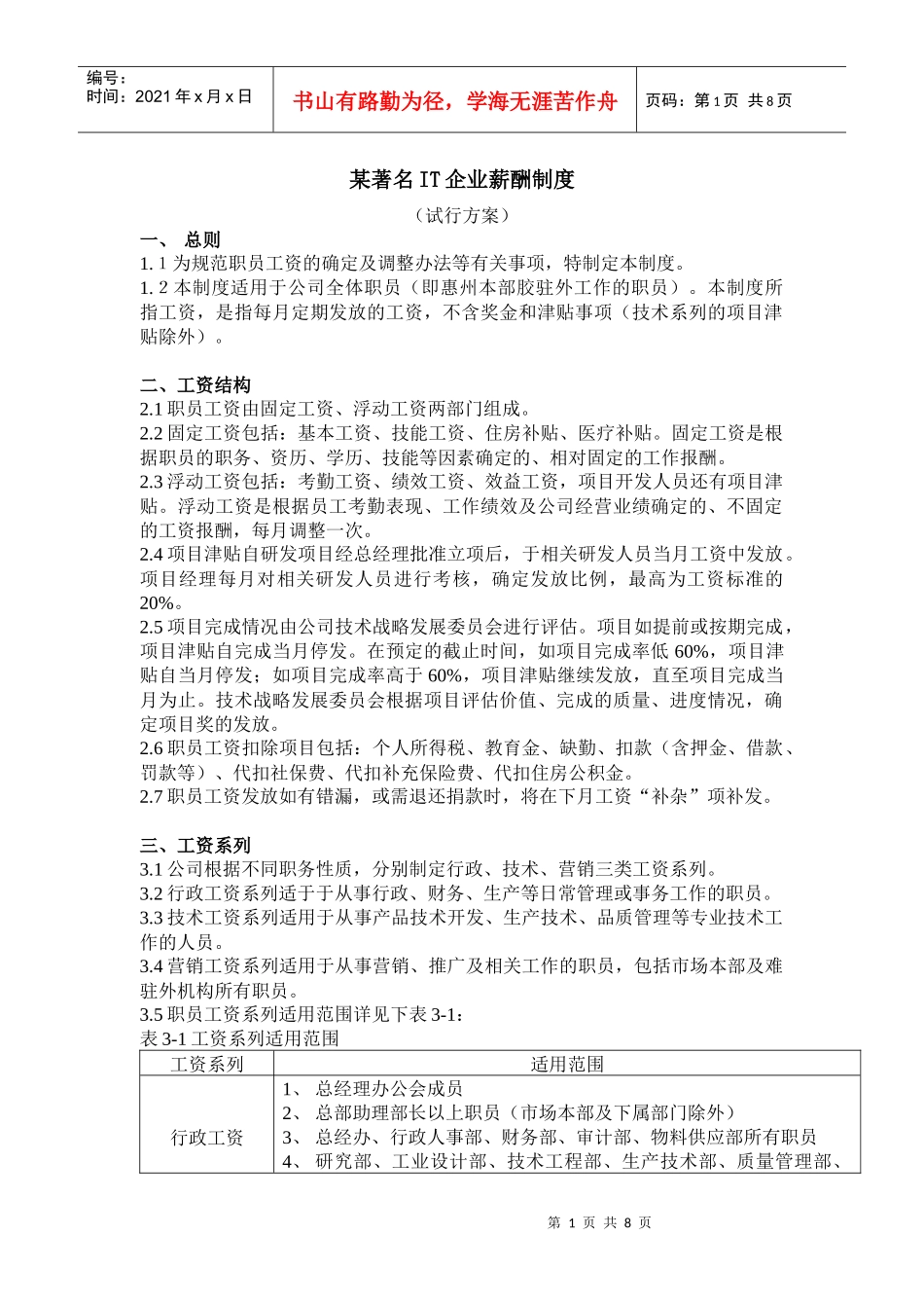 【薪酬福利】某著名IT企业薪酬制度_第1页