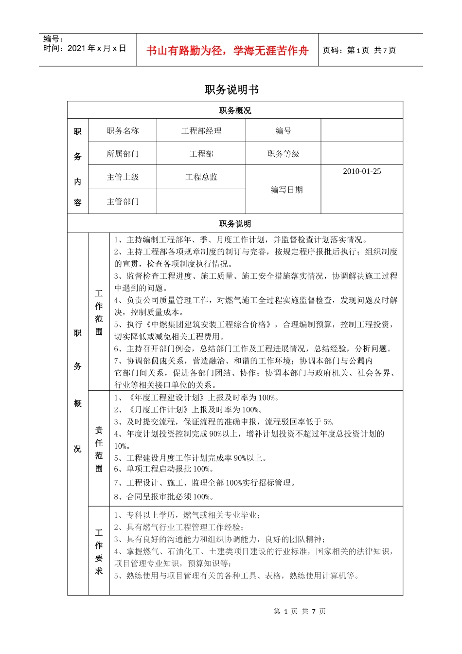 工程部职务说明书do(空白)c_第1页