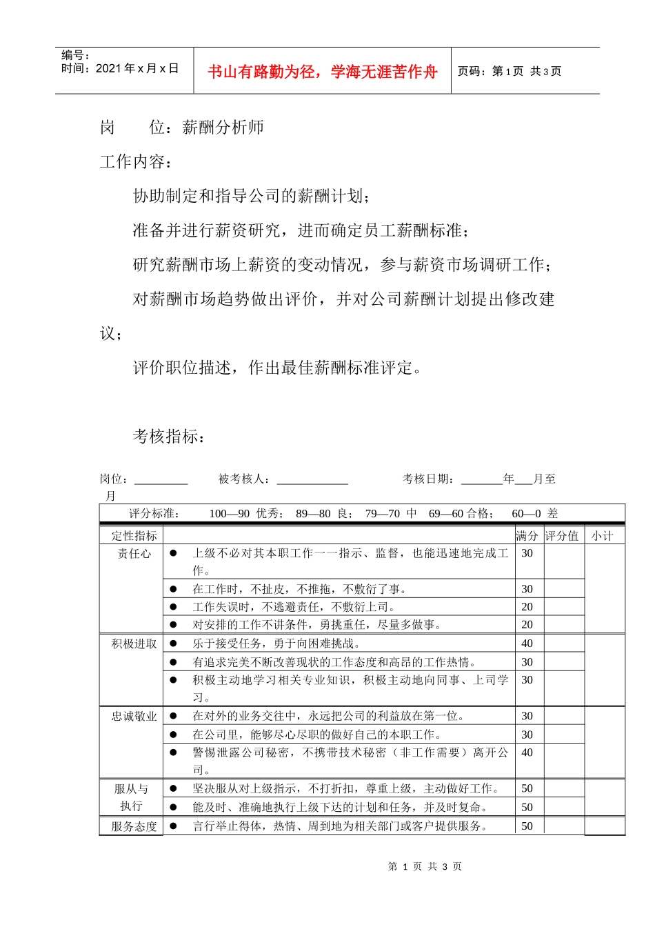 岗位工作内容和年度定性考核指标-薪酬分析师_第1页