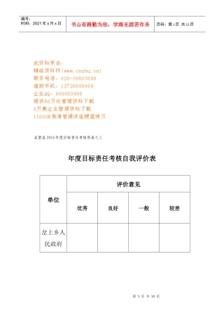 吴堡县年度目标责任考核自我评价表