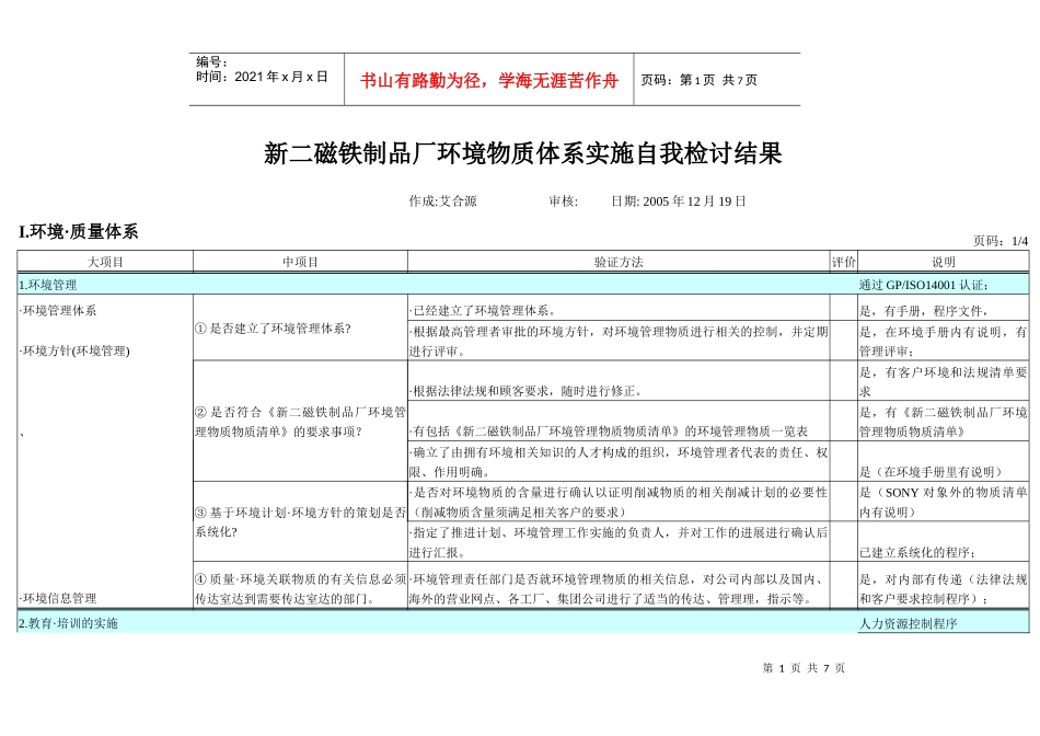 ××制品厂环境物质体系实施自我检讨结果_第1页