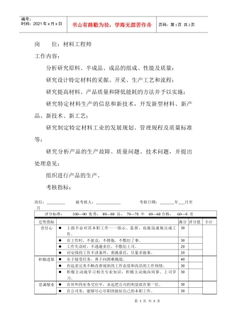 岗位工作内容和年度定性考核指标-材料工程师