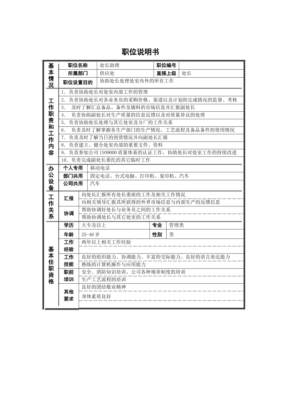 供应处处长助理职位说明书_第1页