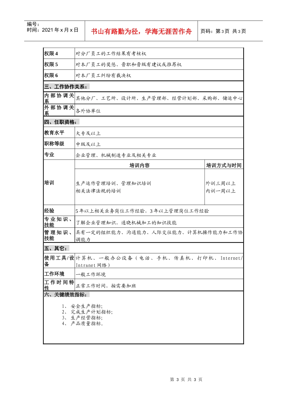 仪器生产企业机加分厂主任职位说明书_第3页