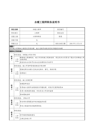 宝地建设集团工程部水暖工程师职务说明书