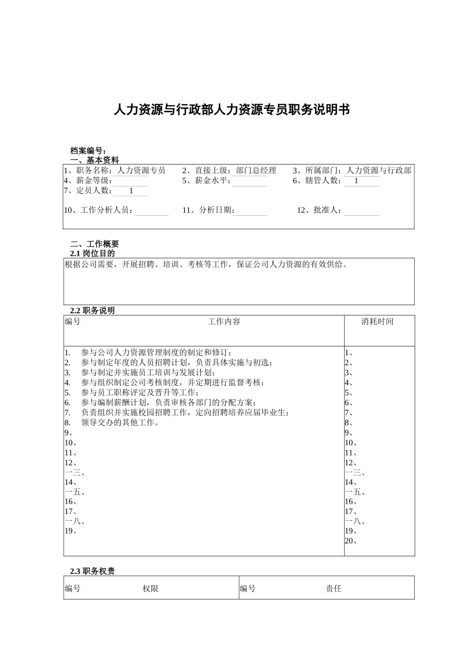 人力资源与行政部人力资源专员岗位职责_第1页