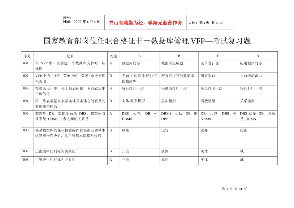 国家教育部岗位任职合格证书-数据库管理VFP_第1页