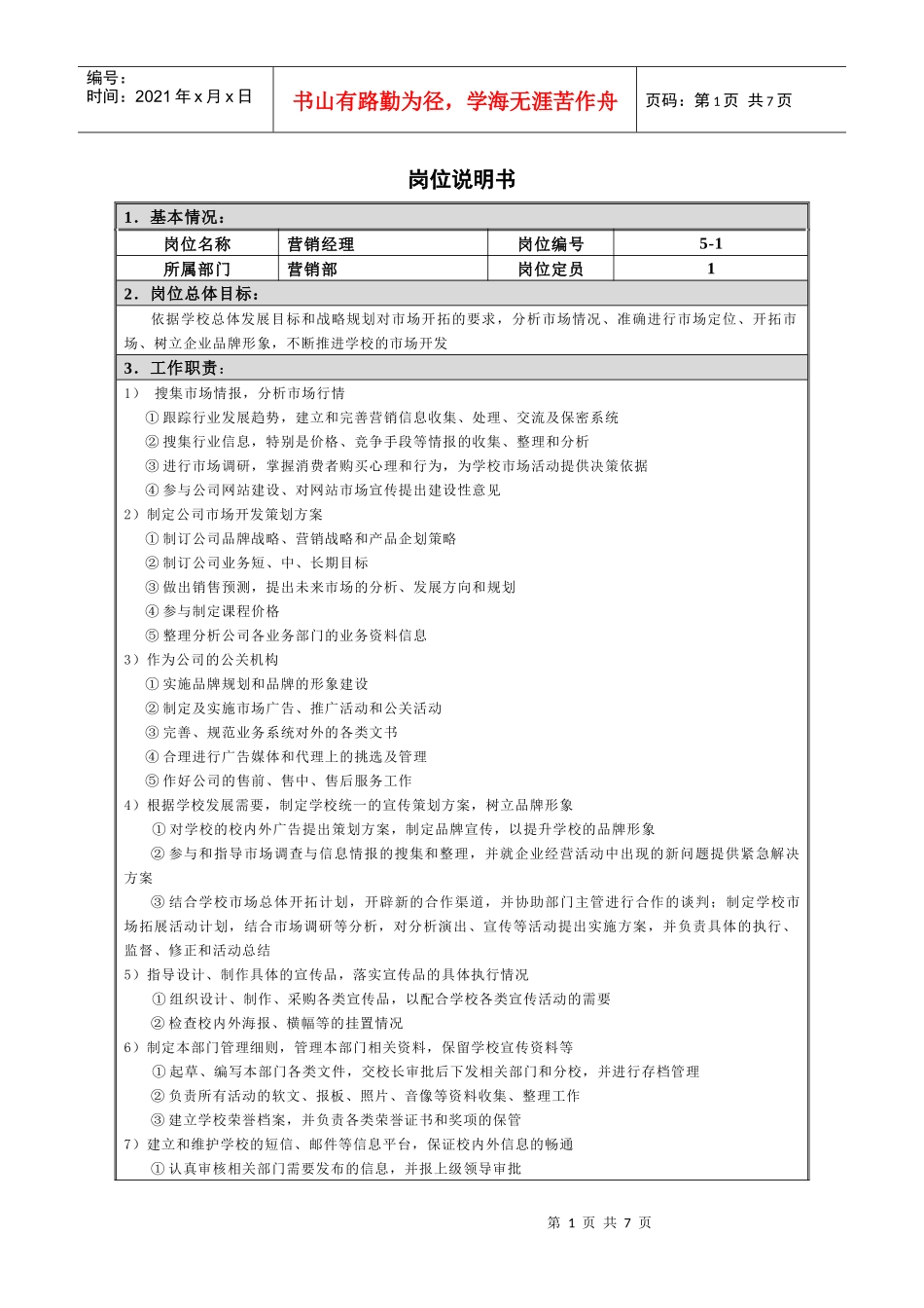 岗位说明书(营销部)_第1页