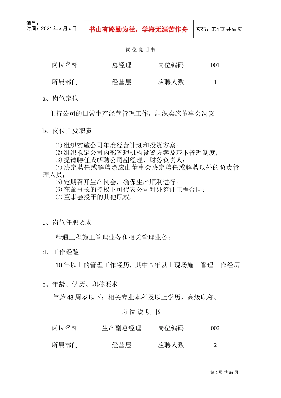 单位各类岗位说明书(DOC70页)_第1页