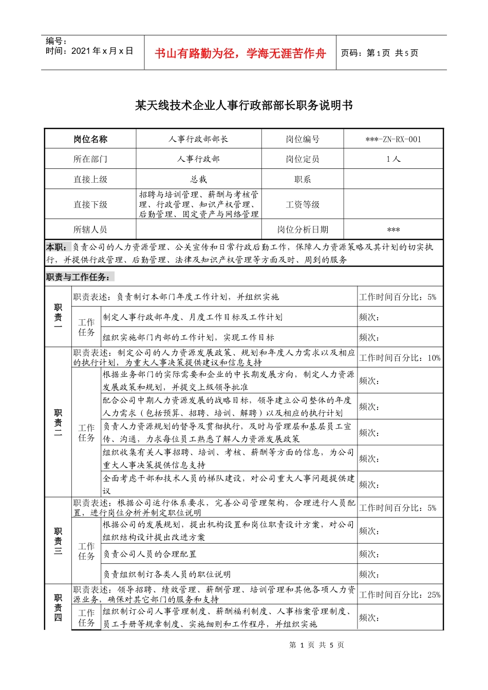 企业人事行政部部长职务说明书_第1页