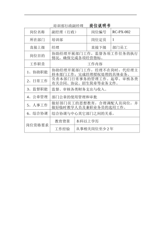 培训部行政副经理岗位说明书