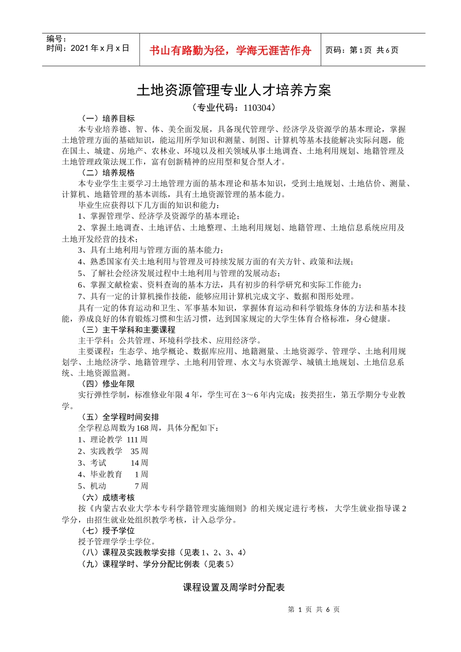 内蒙古农业大学土地资源管理专业人才培养方案_第1页