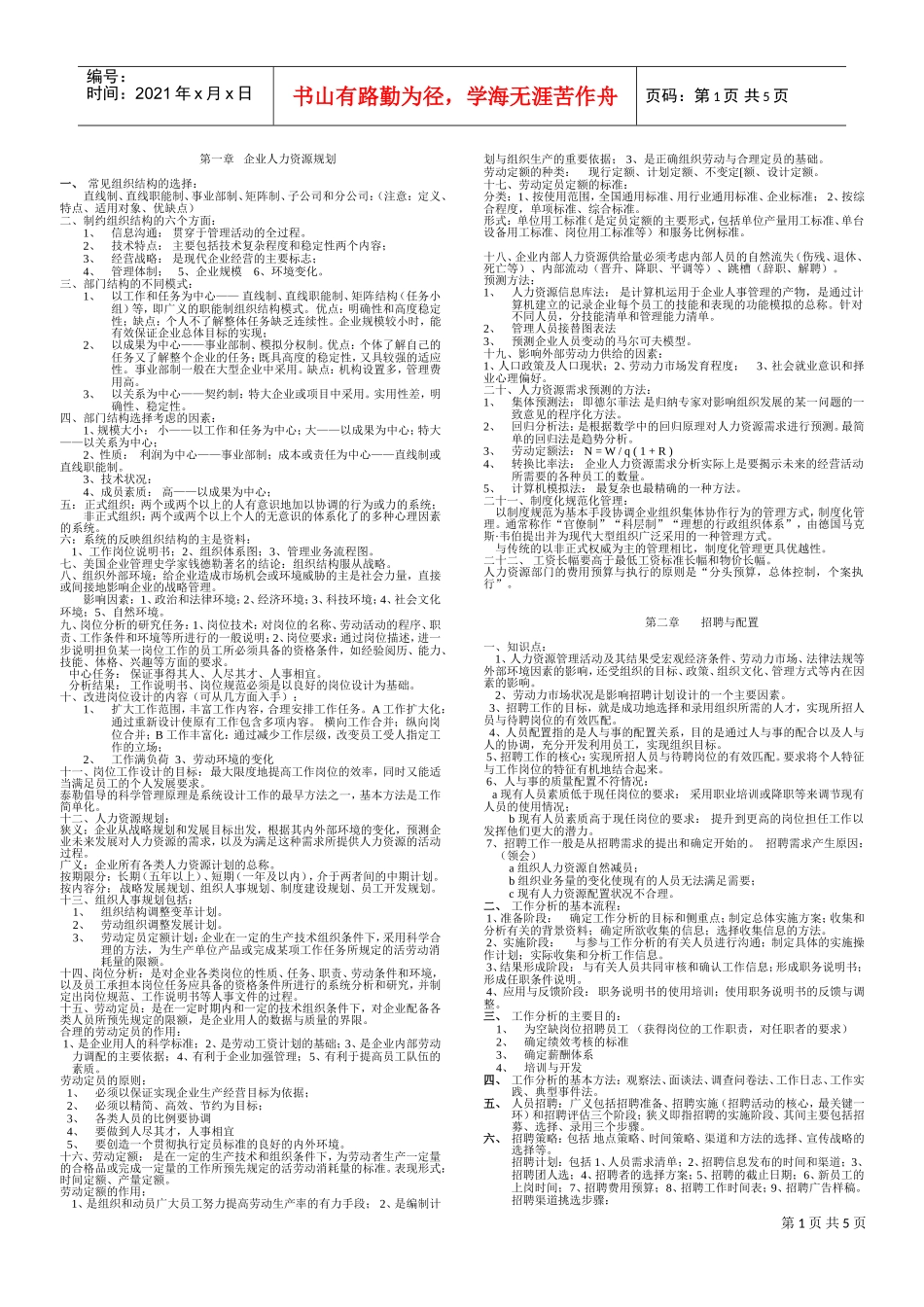 企业人力资源规划及逐章要点_第1页
