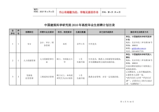 中国建筑科学研究院XXXX年高校毕业生招聘计划目录