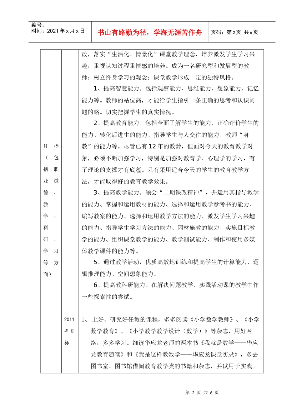 小学数学教师五年(XXXX-XXXX)个人专业发展规划书_第2页