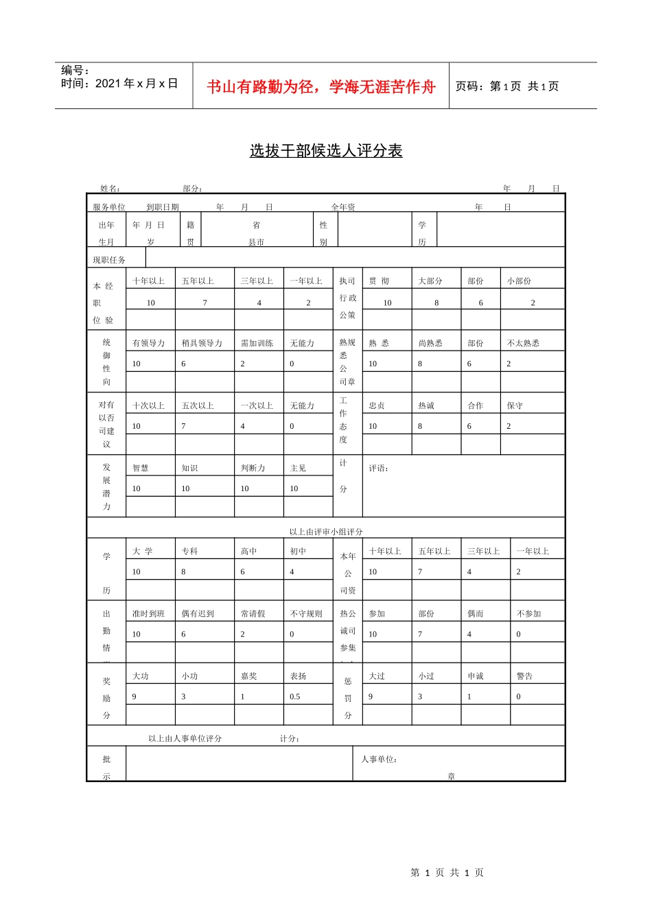 人力资源-2022221选拔干部候选人评分表_第1页