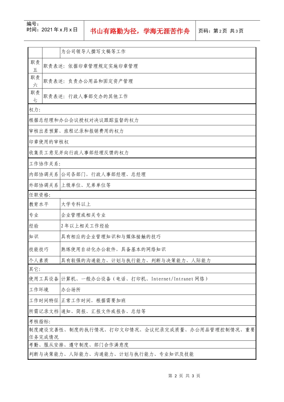 医药企业行政秘书职务说明书_第2页