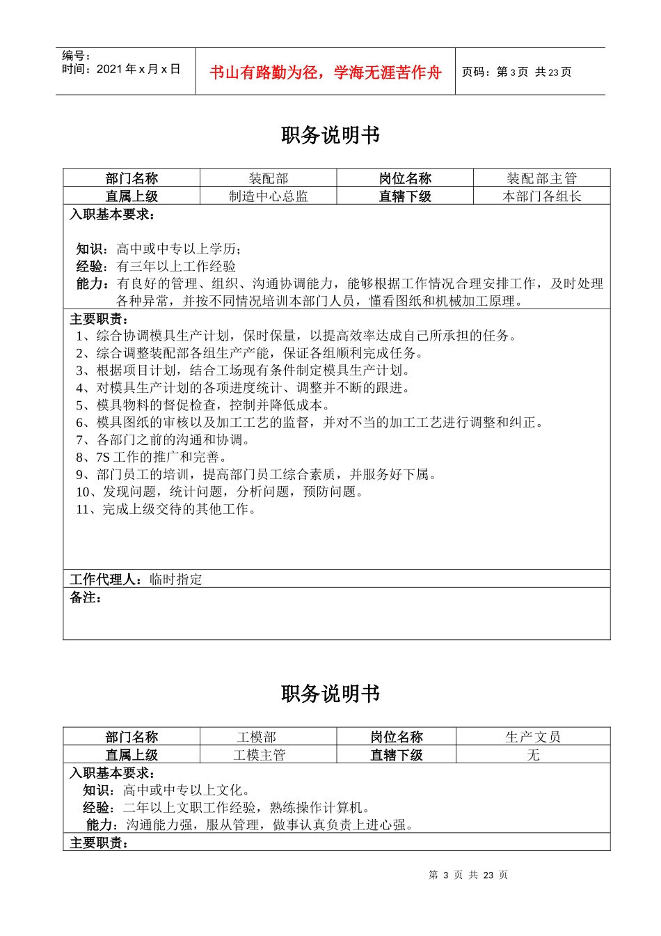 人力资源-2022(9)工模中心职务说明书_第3页