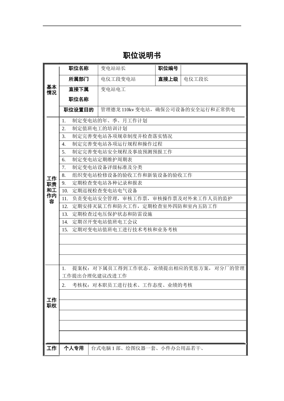 变电站站长职位说明书_第1页
