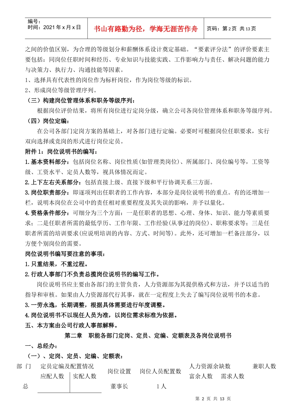 定岗定编定员定额及岗位说明书实施方案_第2页