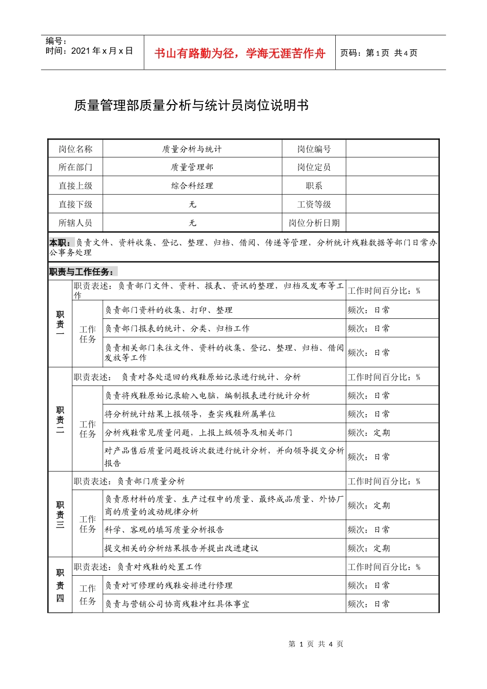 制鞋企业质量管理部质量分析与统计员岗位说明书_第1页