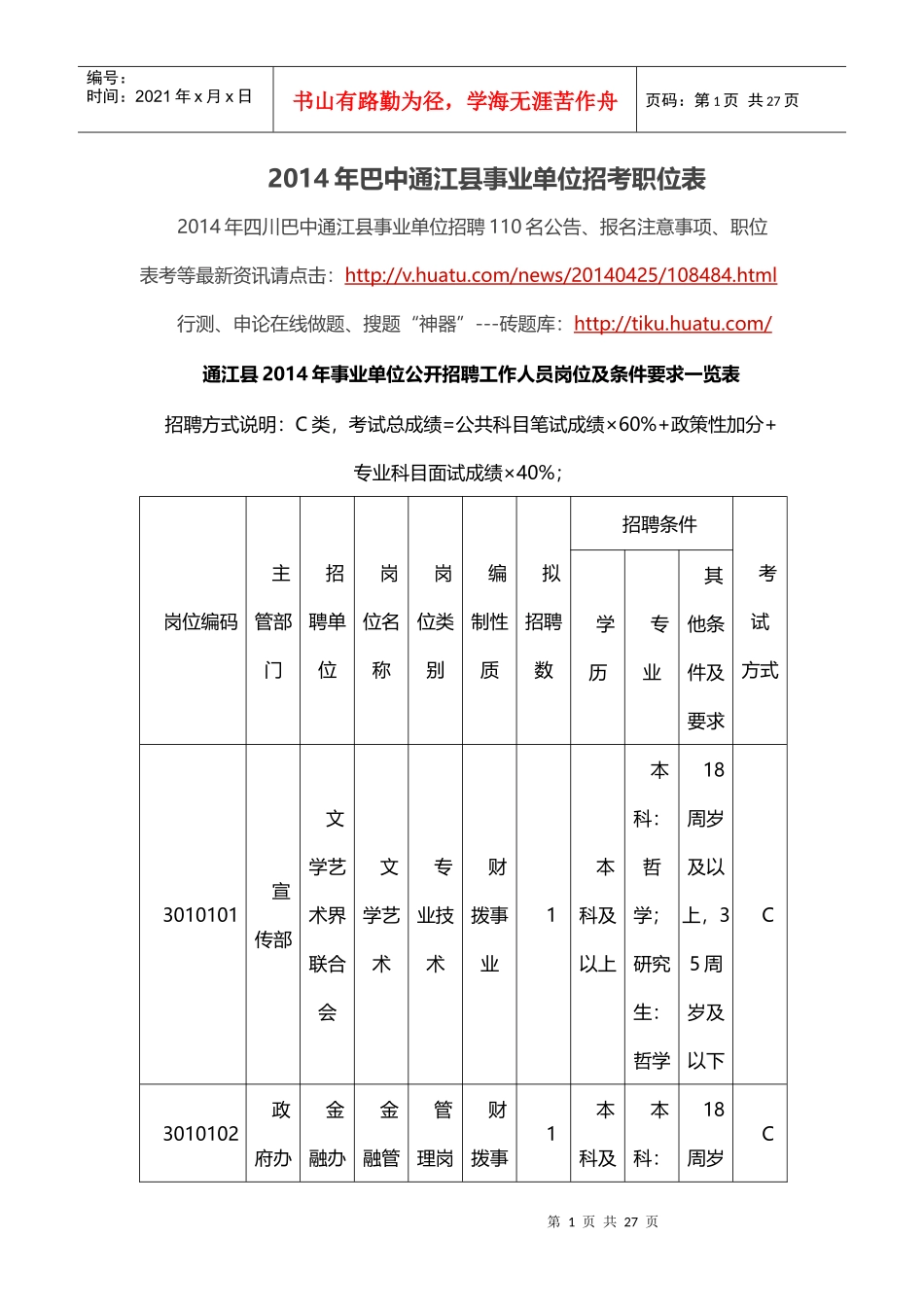 X年巴中通江县事业单位招考职位表_第1页