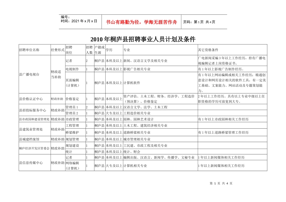 XXXX年桐庐县招聘事业人员计划及条件doc-浙江中医药_第1页