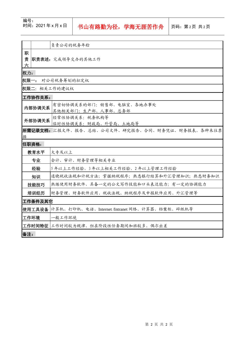 化妆品公司财务科主管岗位说明书_第2页