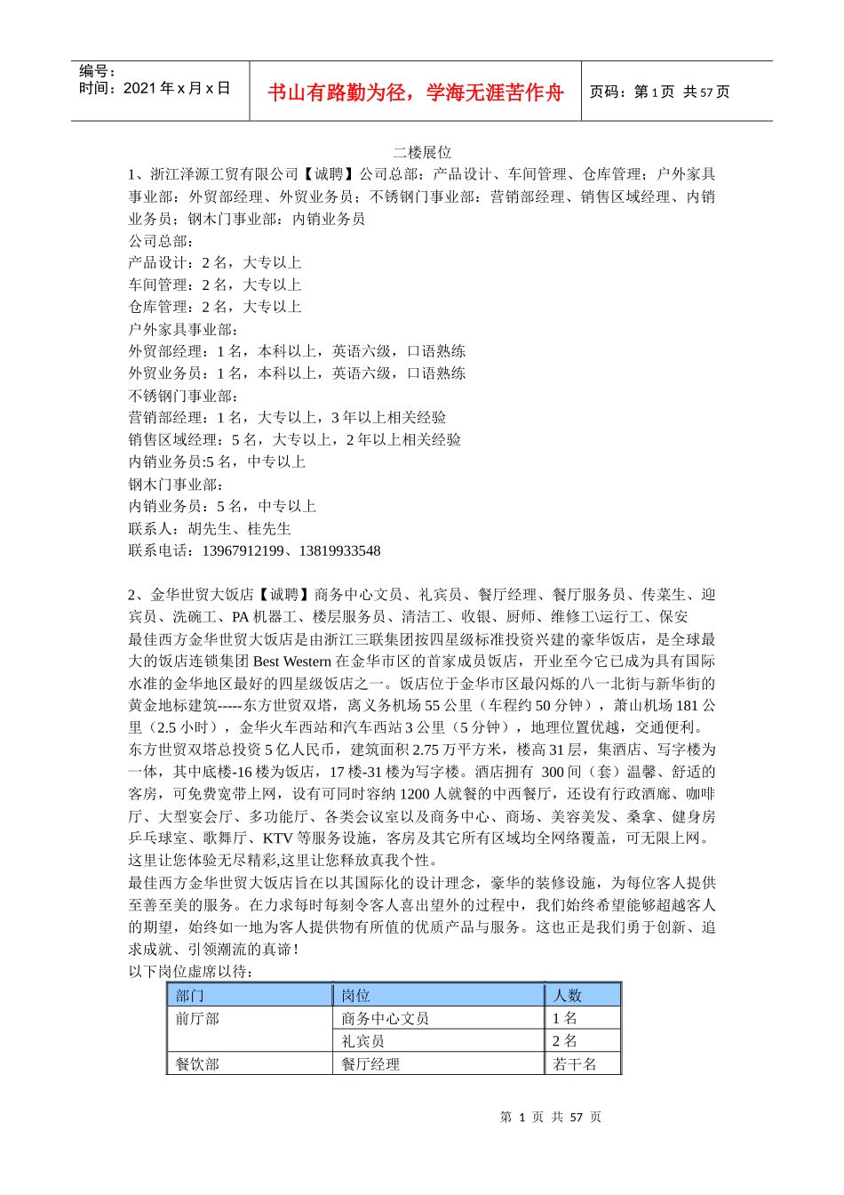 XXXX年金华市第六届人才交流大会单位详细需求信息（请点击下_第1页