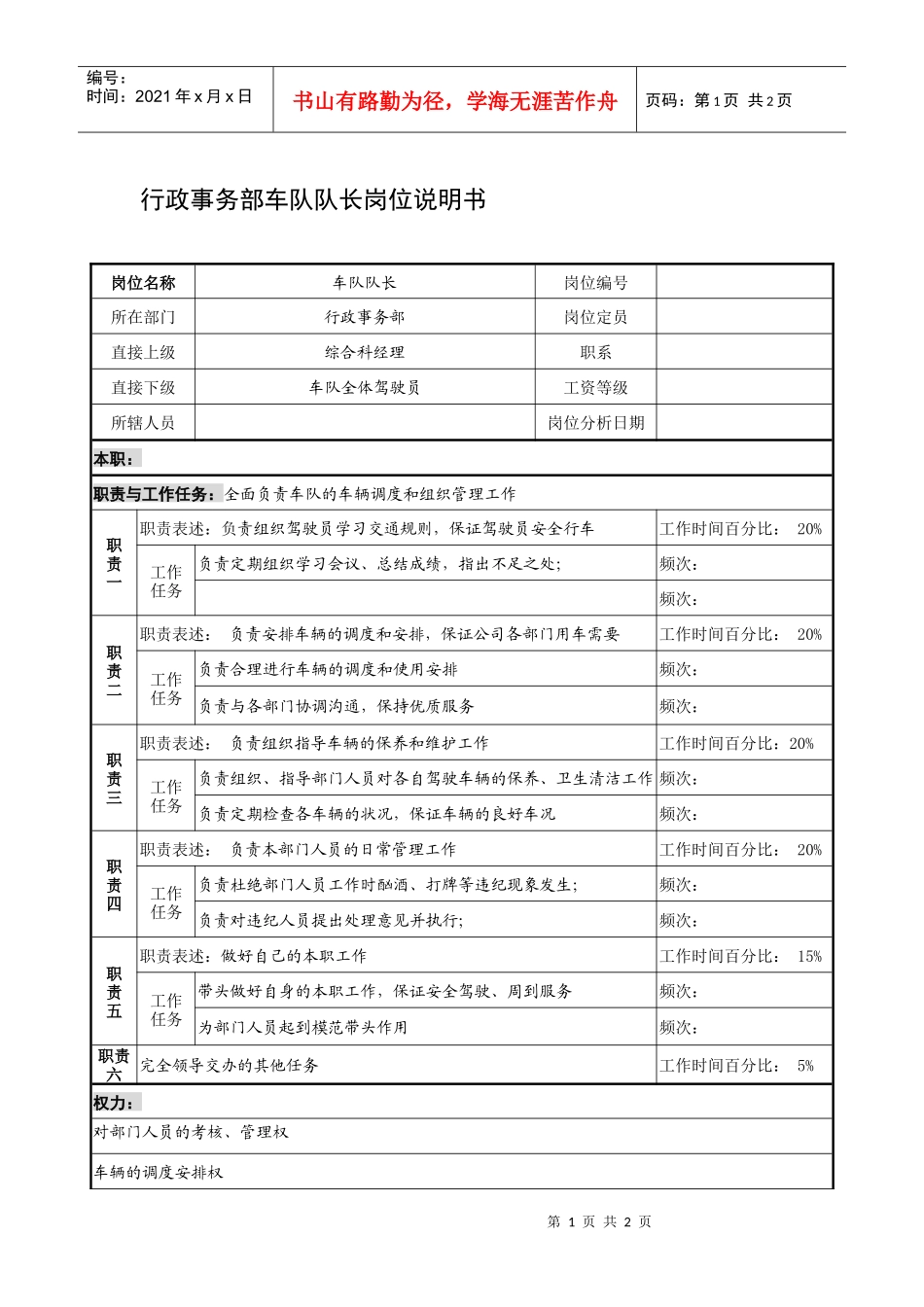 制鞋企业行政事务部车队队长岗位说明书_第1页