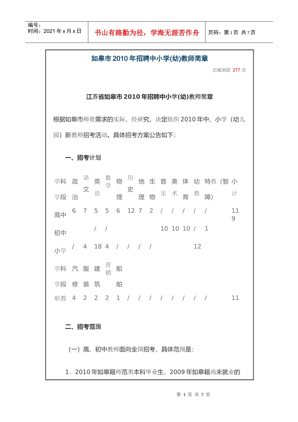 如皋市XXXX年招聘中小学_第1页
