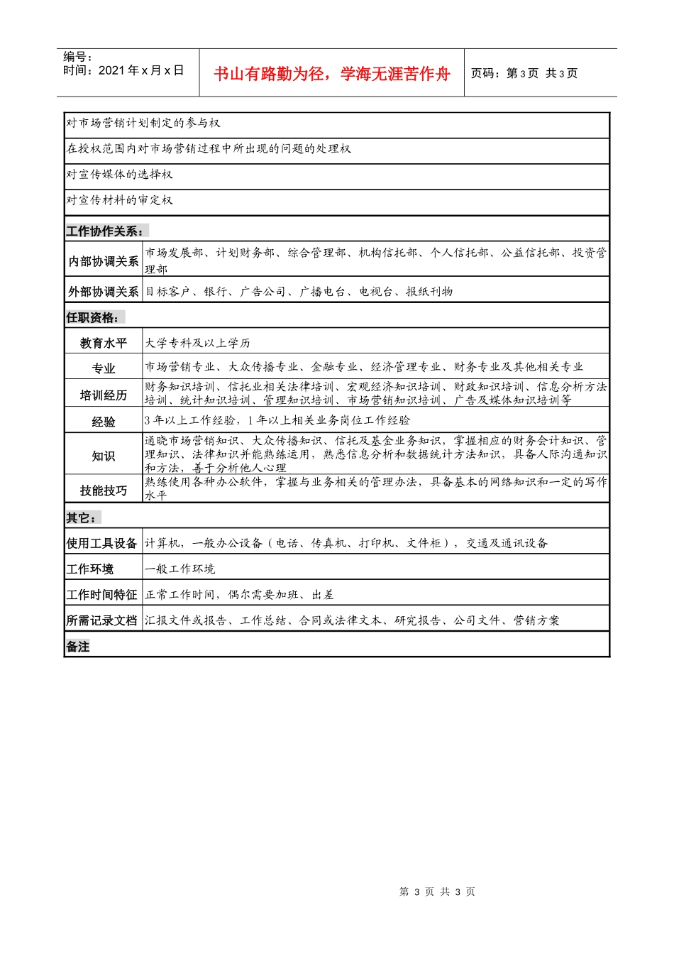 地市信托部市场营销专责职务说明书_第3页