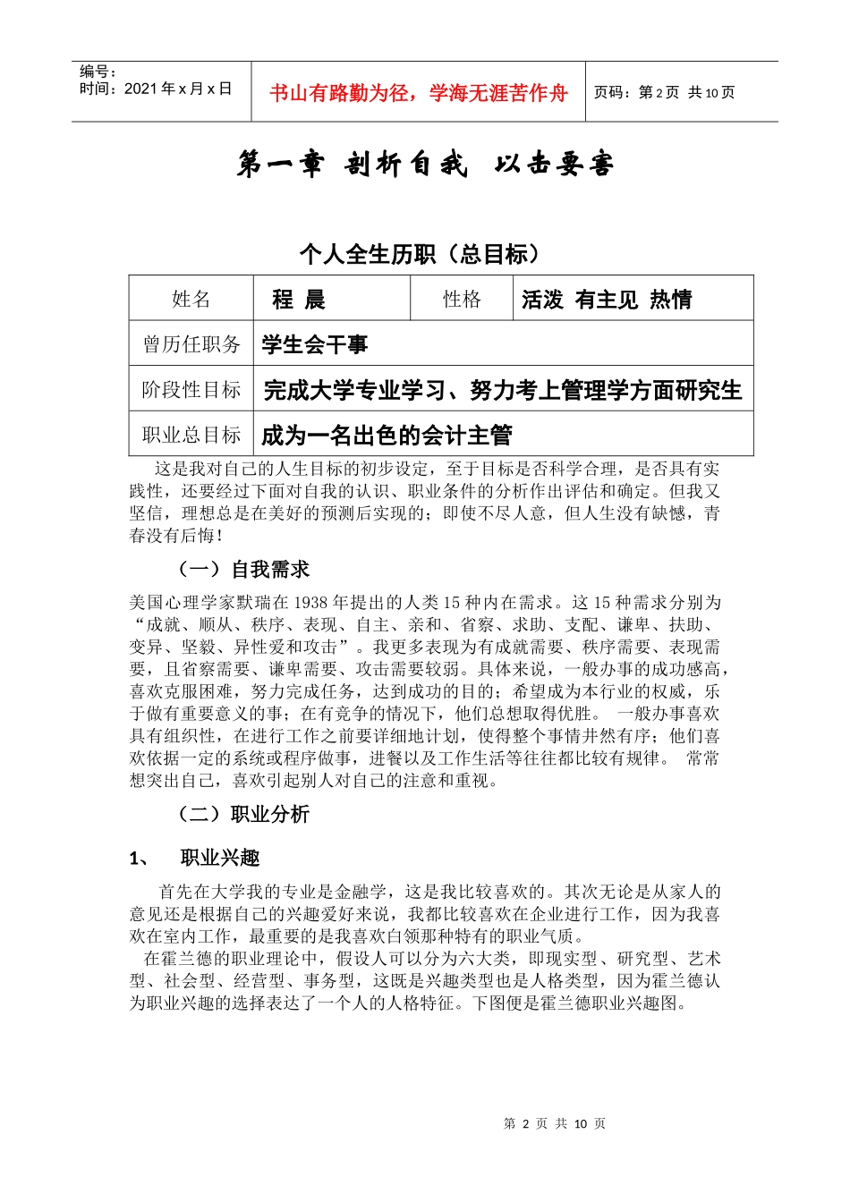 人力资源-2022CC大学生职业生涯规划书_第2页