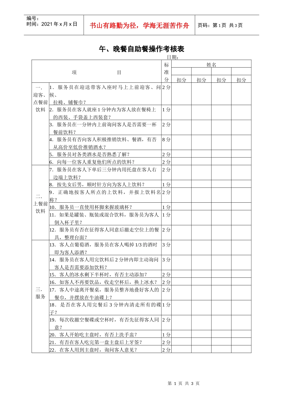 午、晚餐自助餐操作考核表_第1页