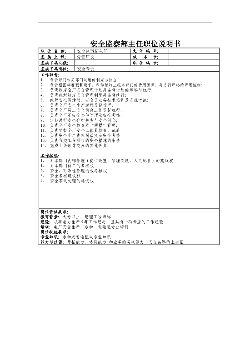 安监部岗位说明书_第1页