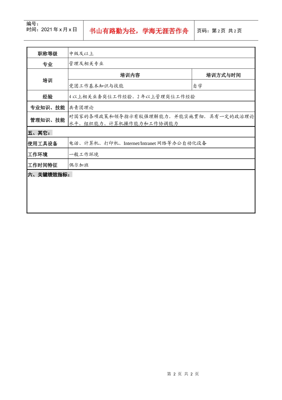 仪器生产企业团委书记职位说明书_第2页