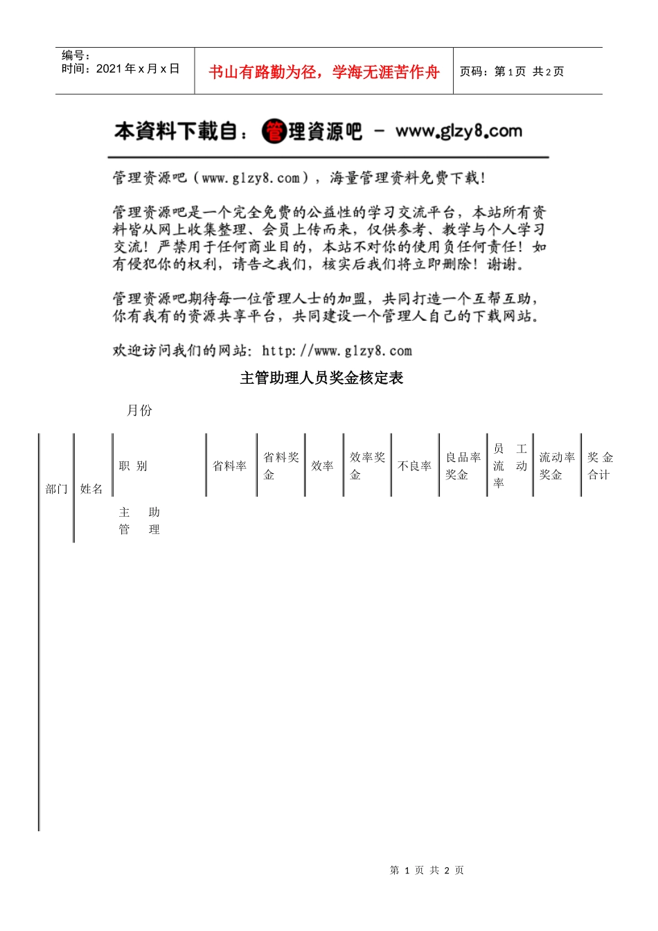 主管助理人员奖金核定表_第1页