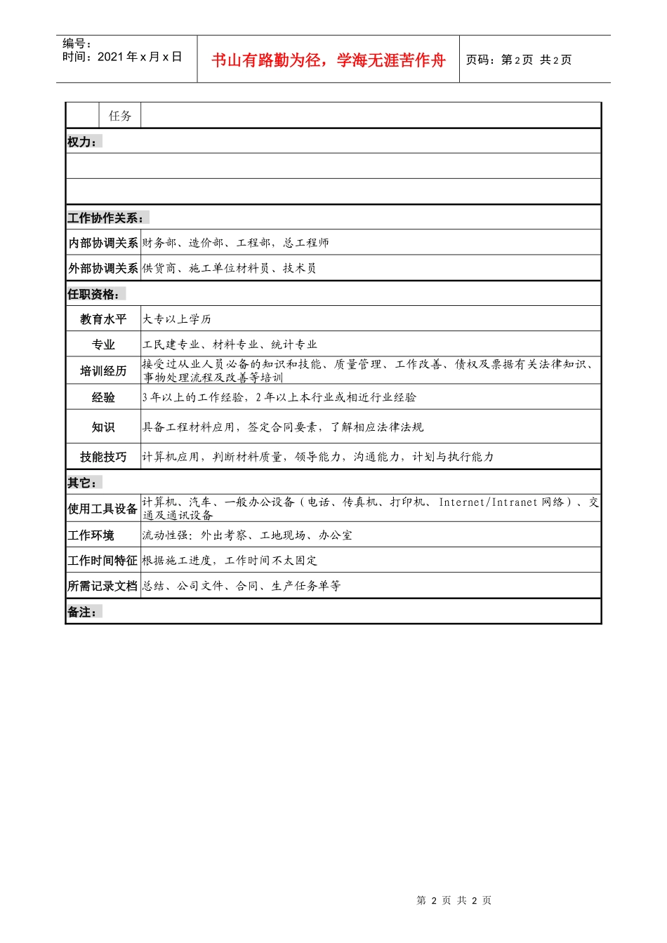 宝地建设集团经营部经营材料副部长职务说明书_第2页