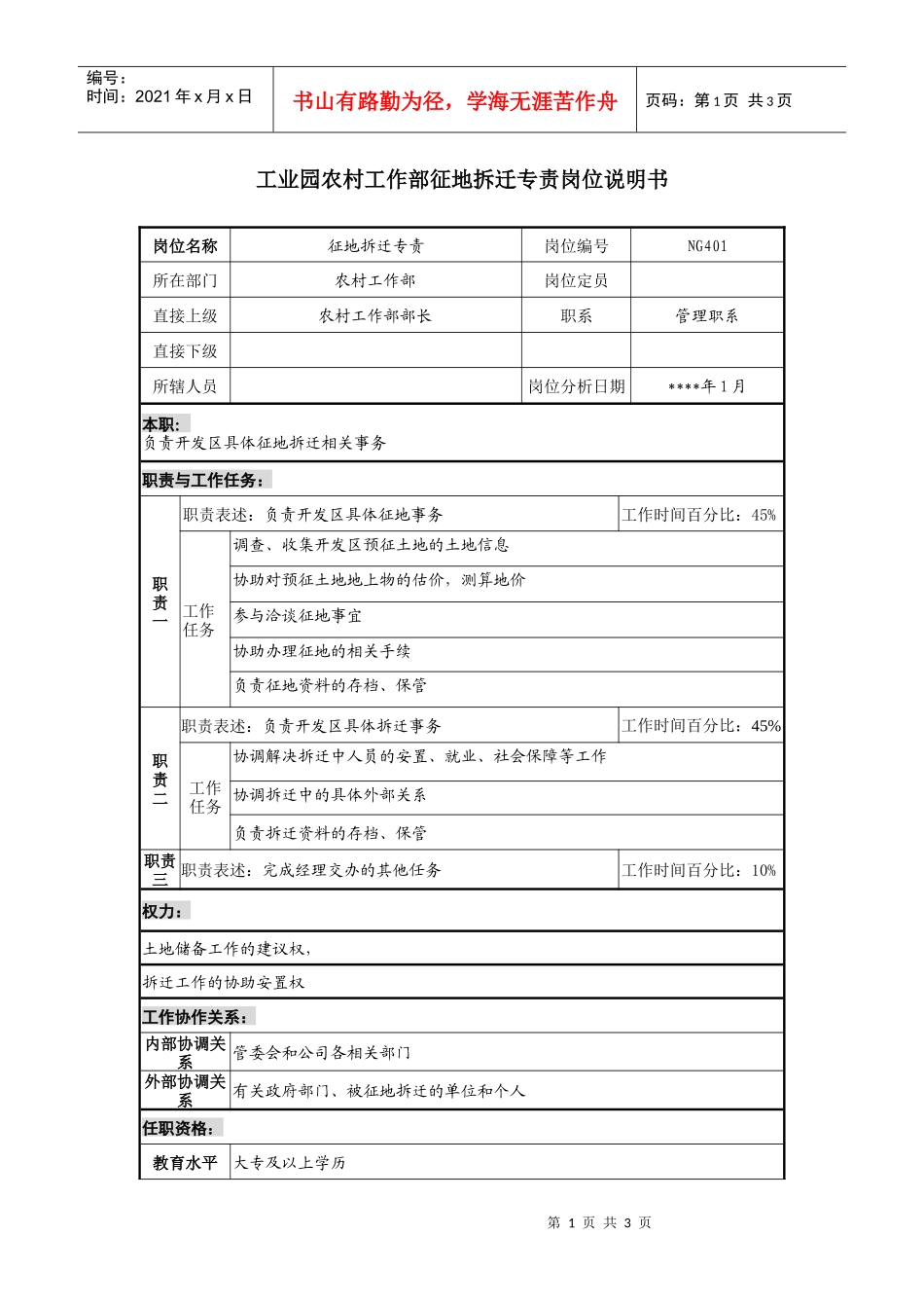 工业园农村工作部征地拆迁专责岗位说明书_第1页