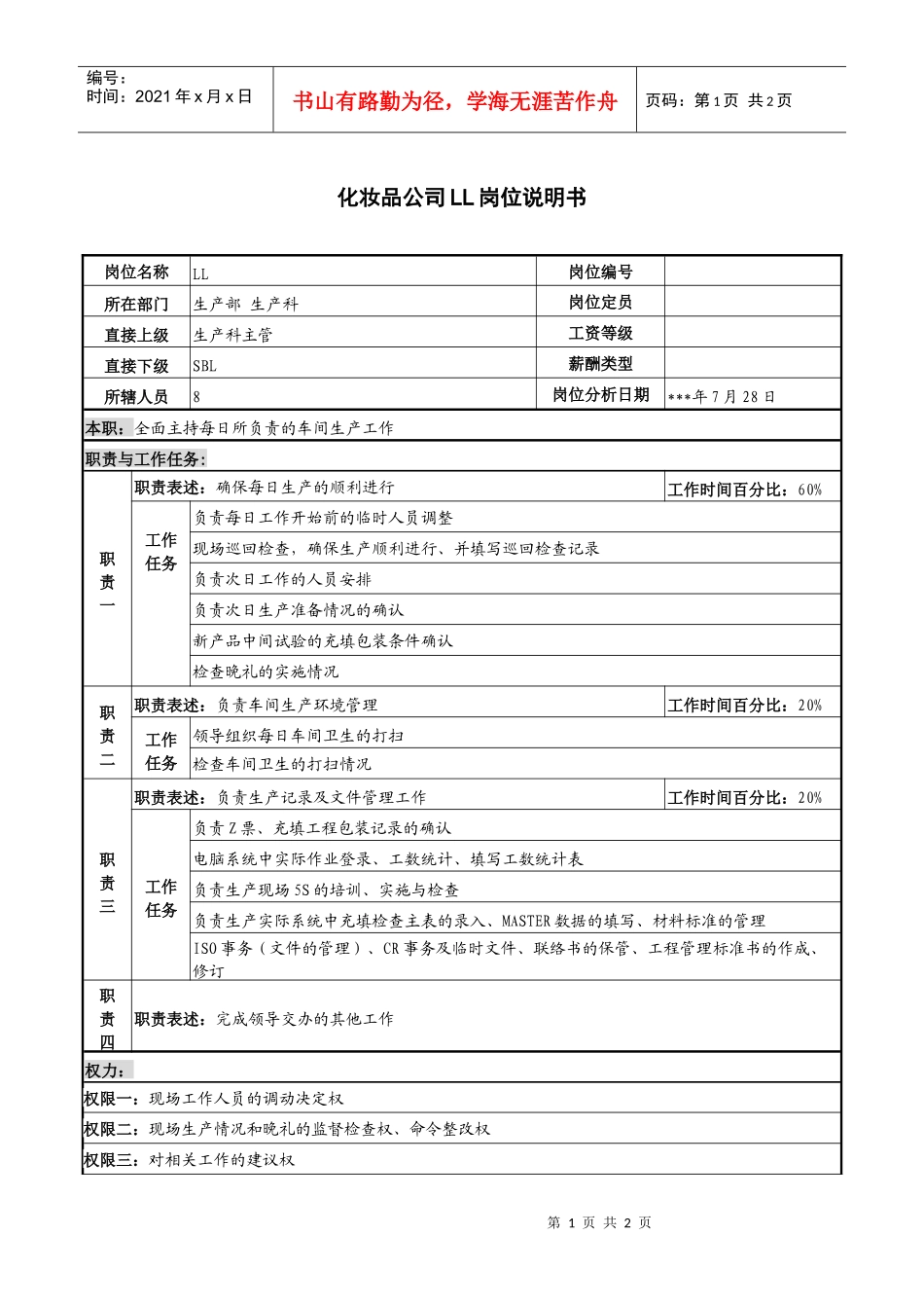 化妆品公司ll岗位说明书_第1页