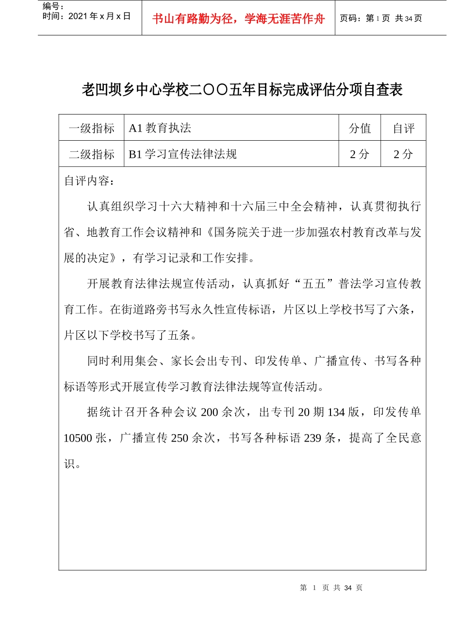 人力资源-2022XXXX年中心校教育目标考核自评表_第2页