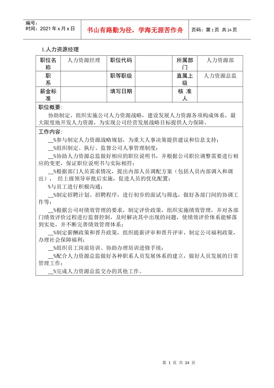 人力资源部岗位说明书(model3)_第1页