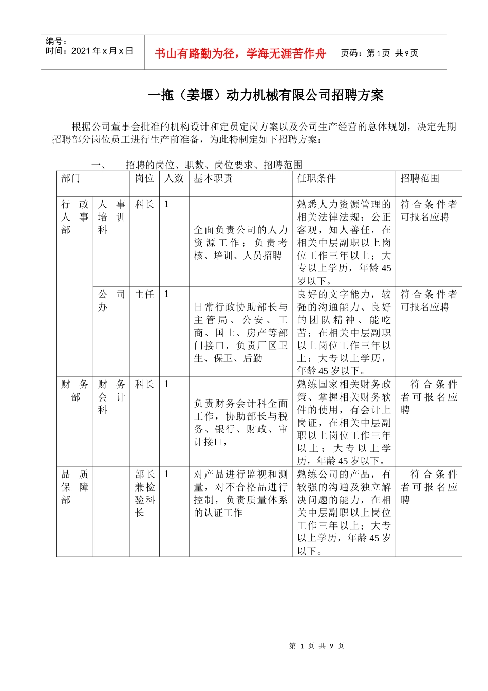 一拖(姜堰)动力机械有限公司招聘方案_第1页