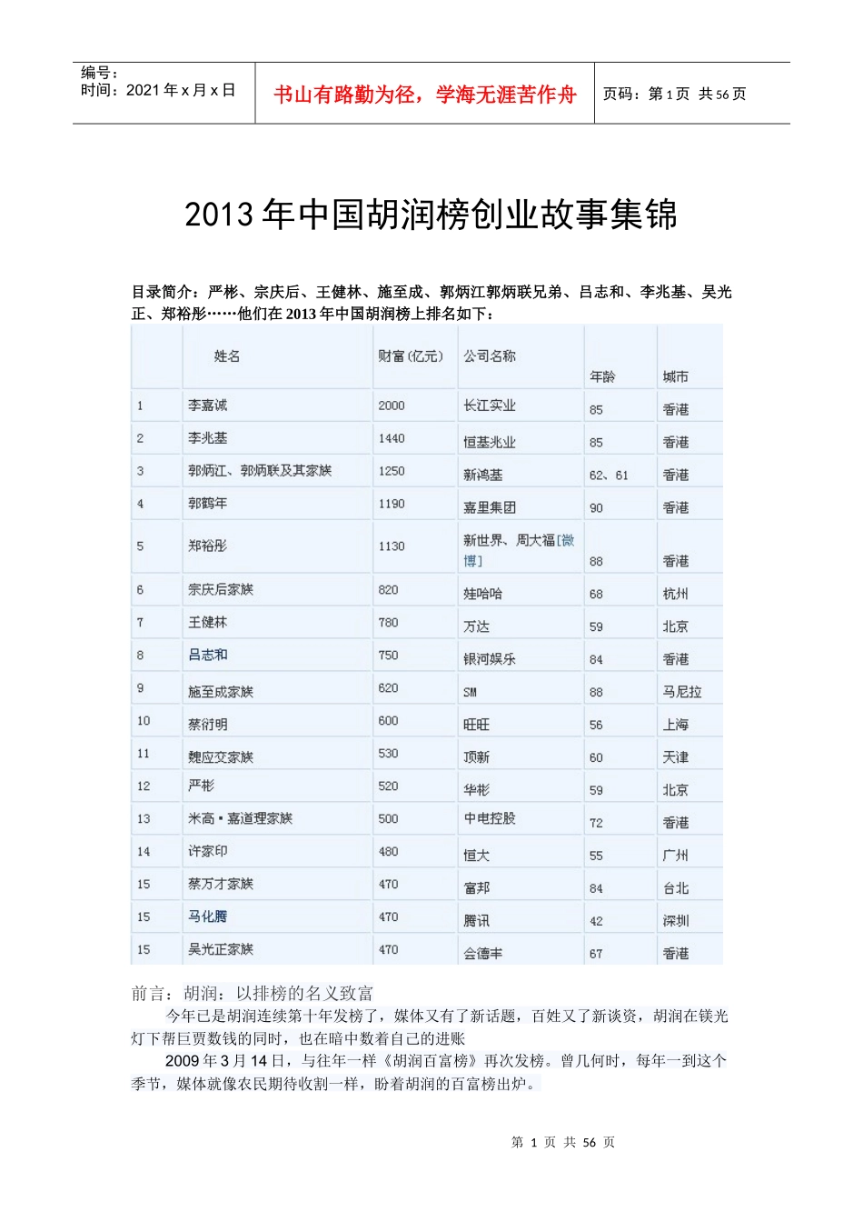 人力资源-2022XXXX年度中国胡润榜创业传奇经历大全_第1页