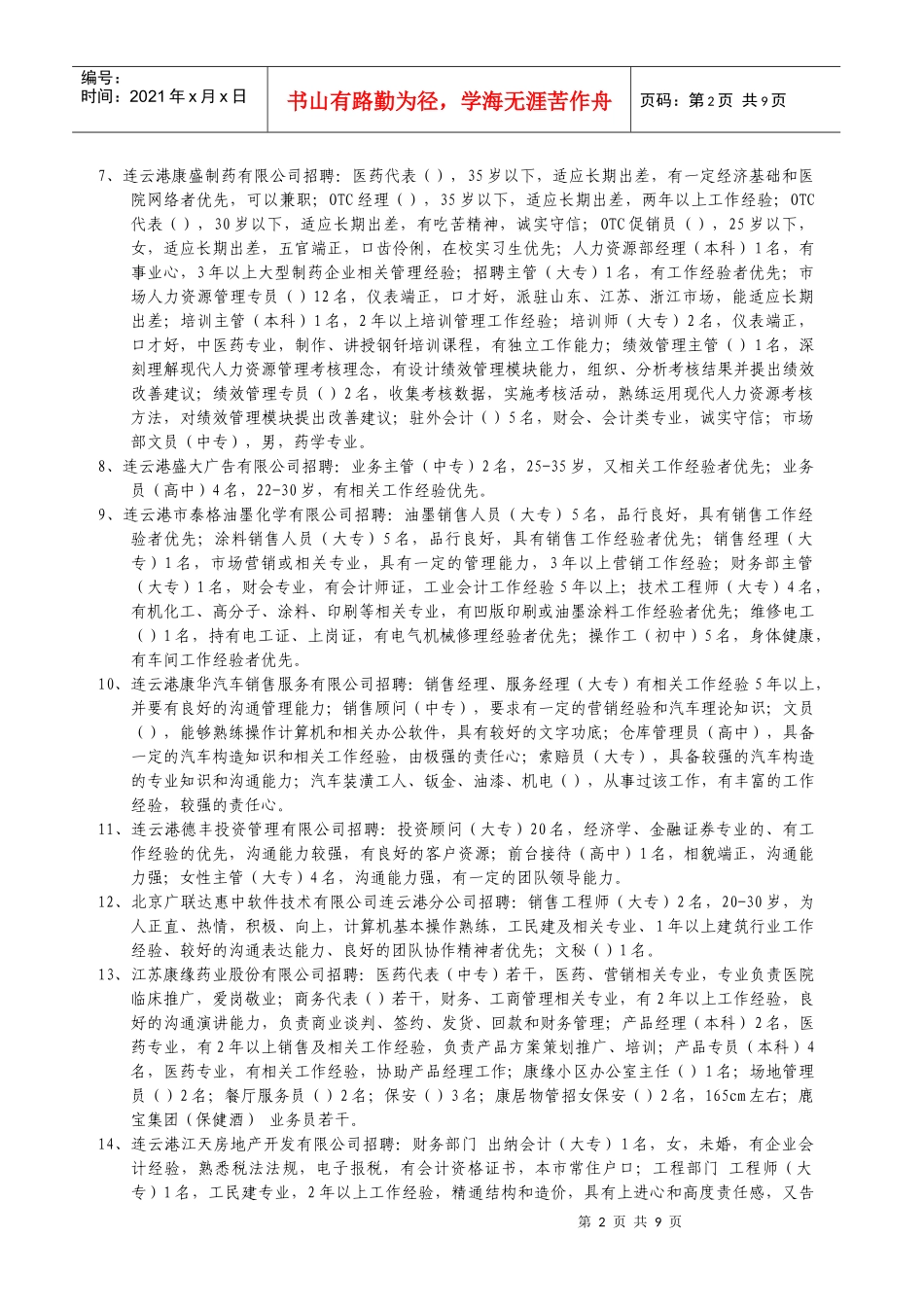 人力资源-20229月4日市人才市场招聘信息_第2页