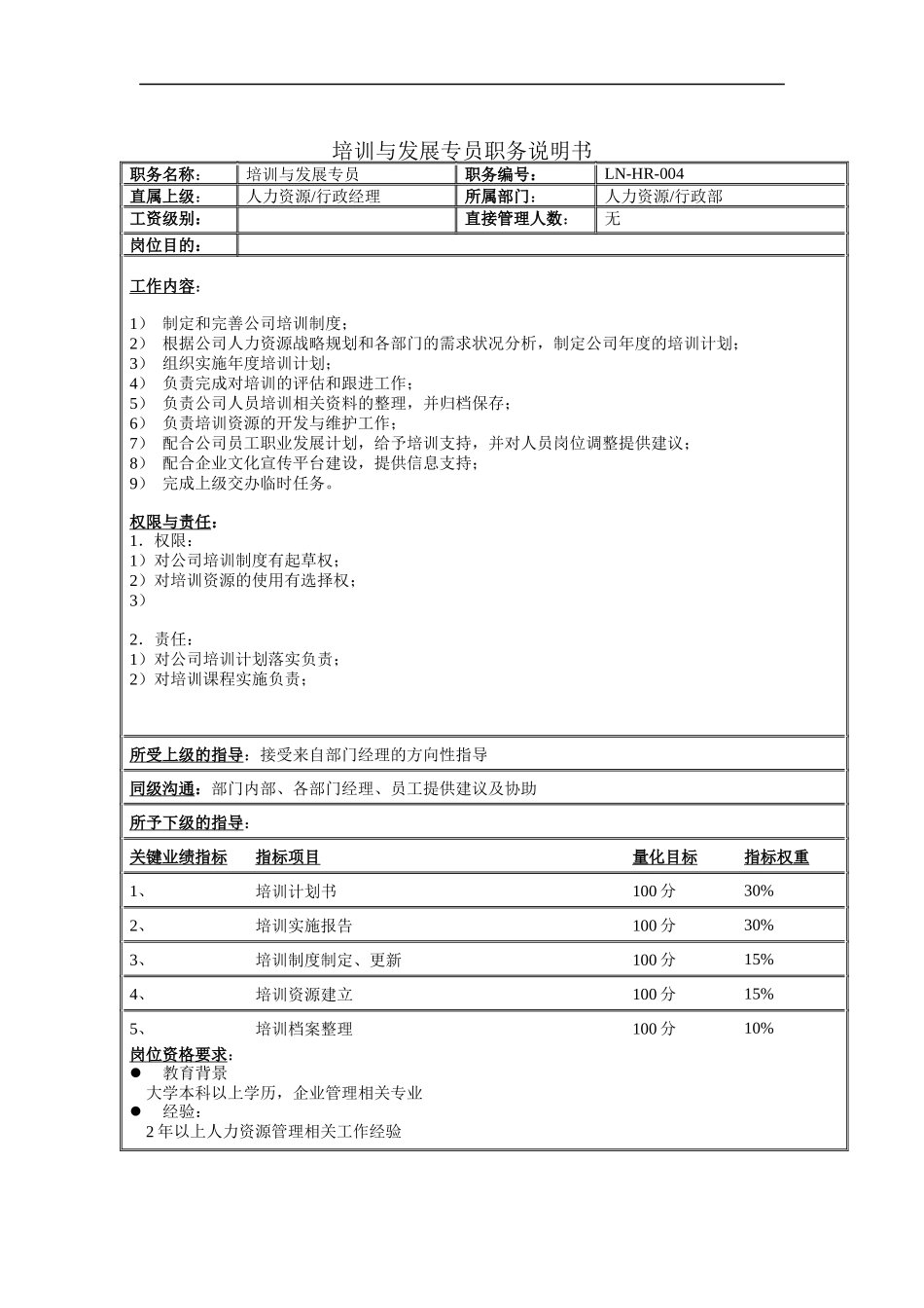 培训与发展专员职务说明书_第1页