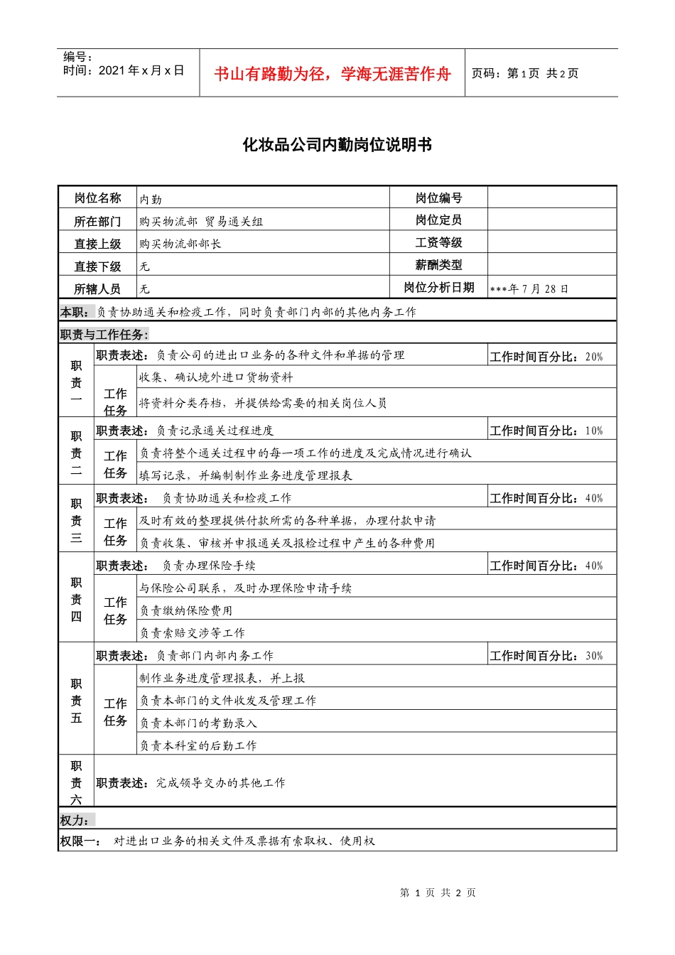 化妆品公司内勤岗位说明书_第1页
