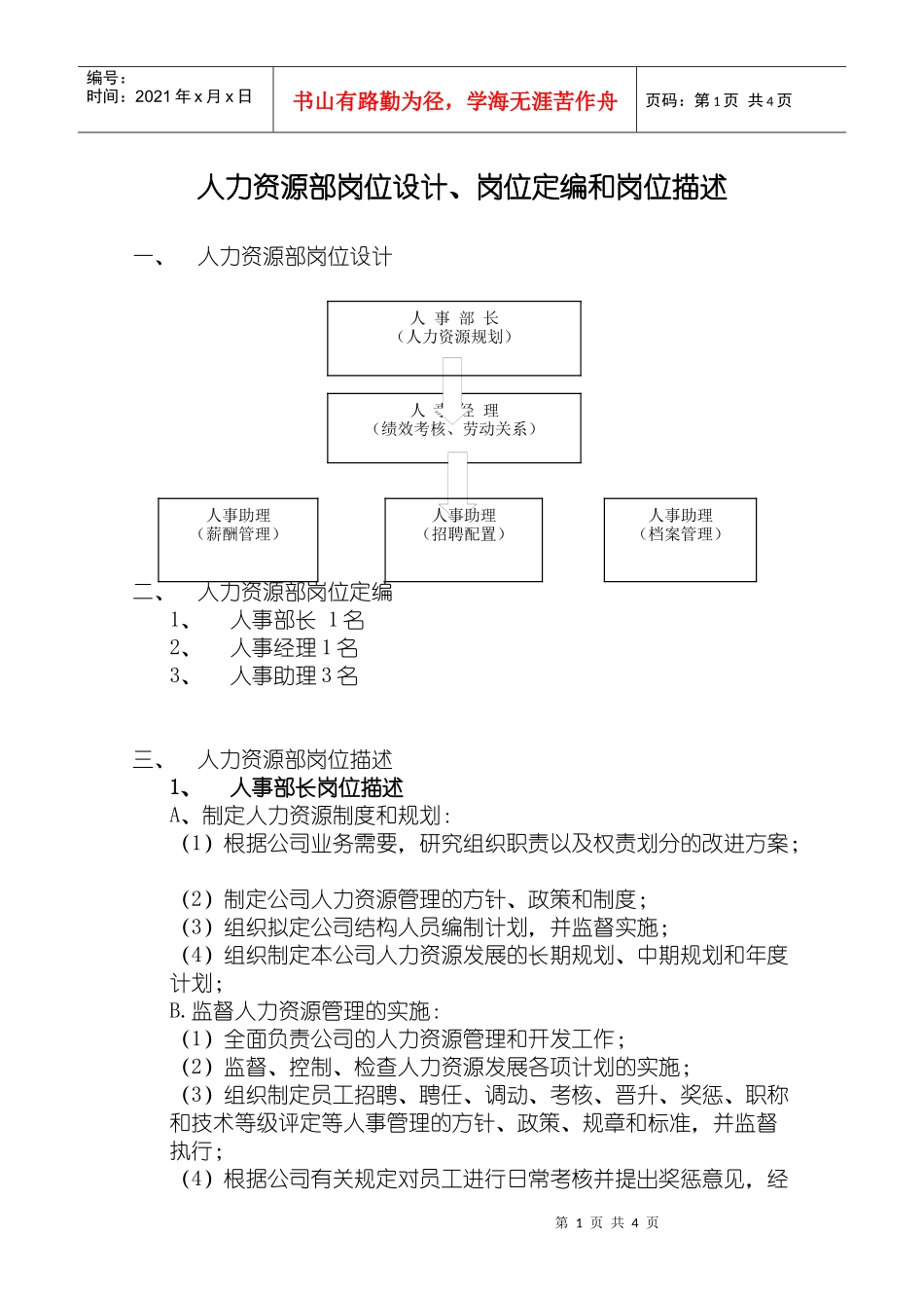 人力资源部岗位设计岗位定编和岗位描述_第1页