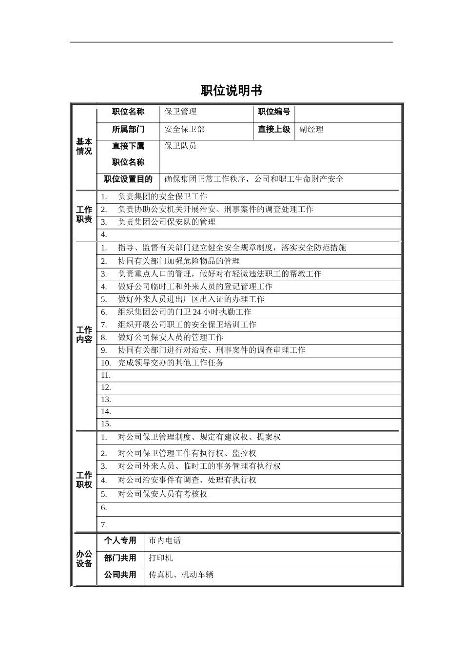安全保卫部-保卫管理职位说明书_第1页