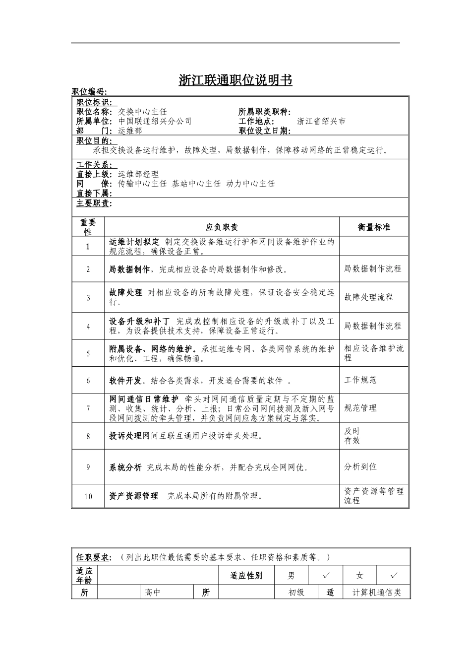交换中心主任岗位说明书_第1页